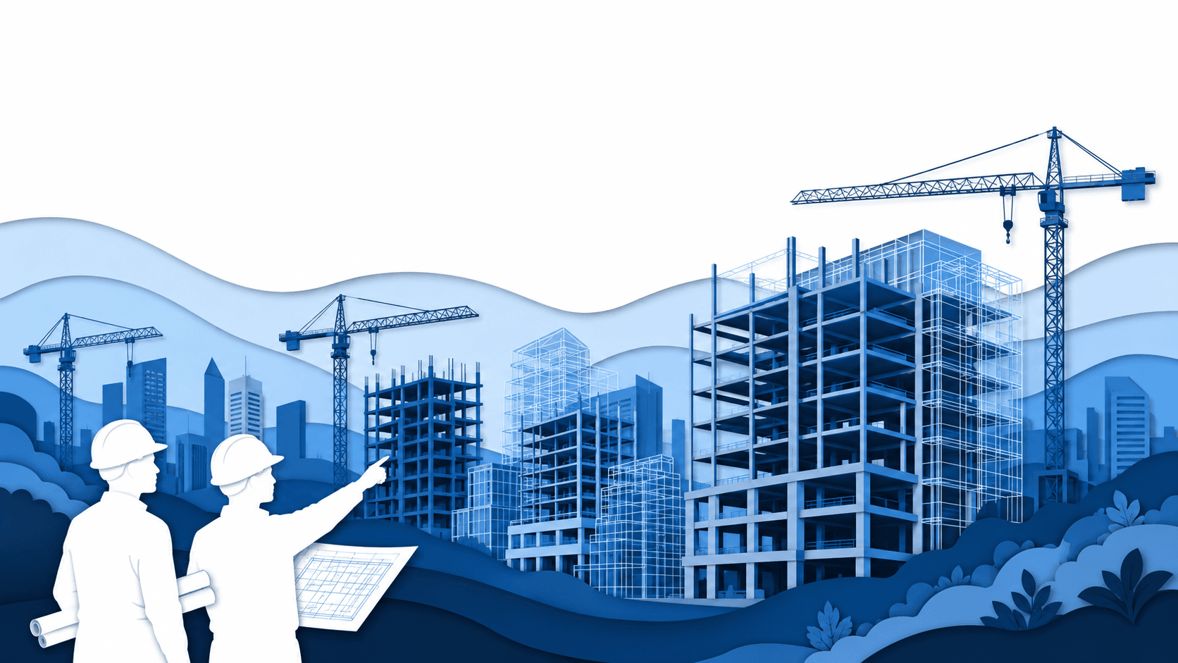 Ilustración de obra en construcción con estructuras expuestas y un modelo BIM en wireframe